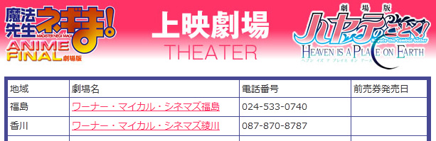 劇場版『ネギま！』『ハヤテ』上映劇場に福島県と香川県の２館が追加